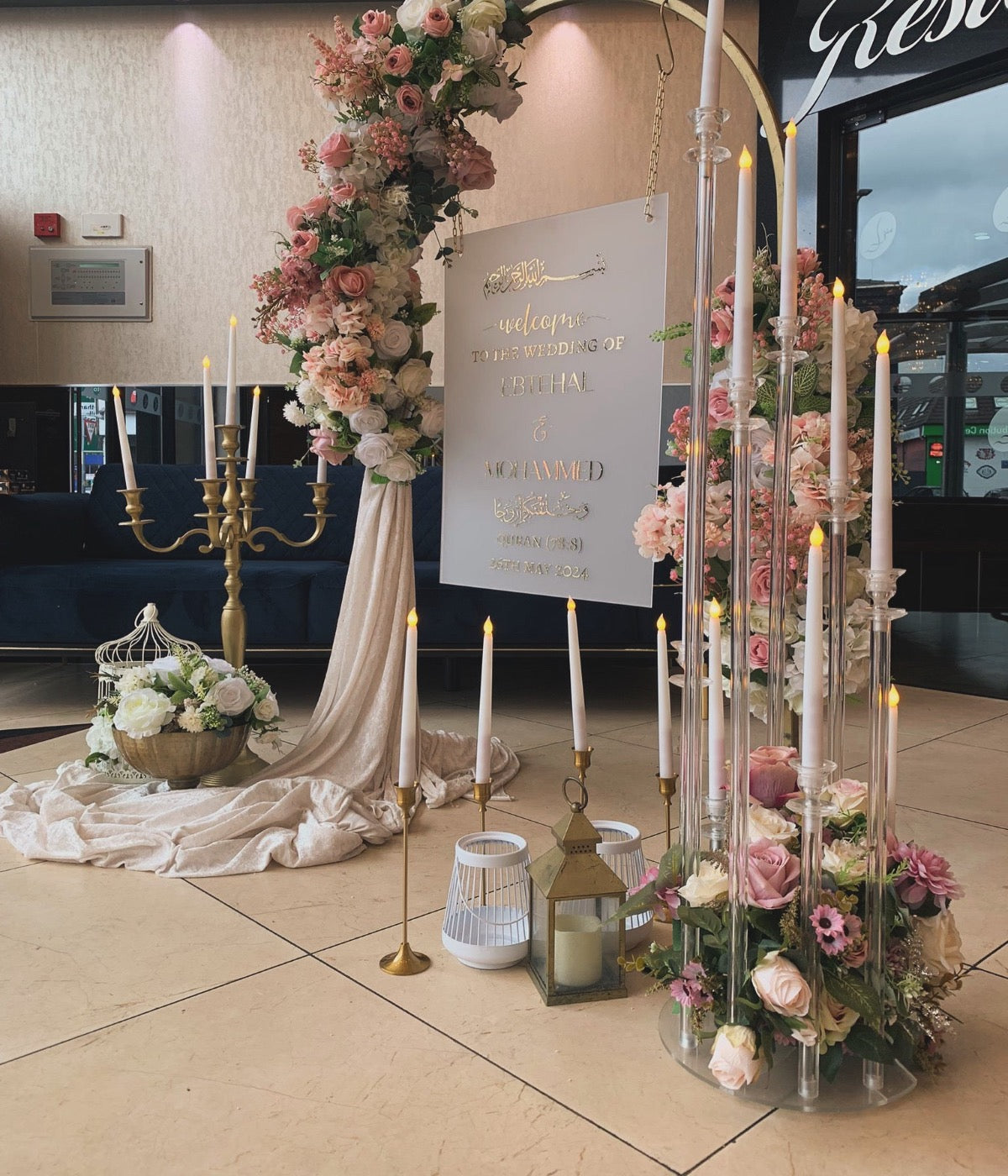 Gold Arch with Flowers, Draping and Props